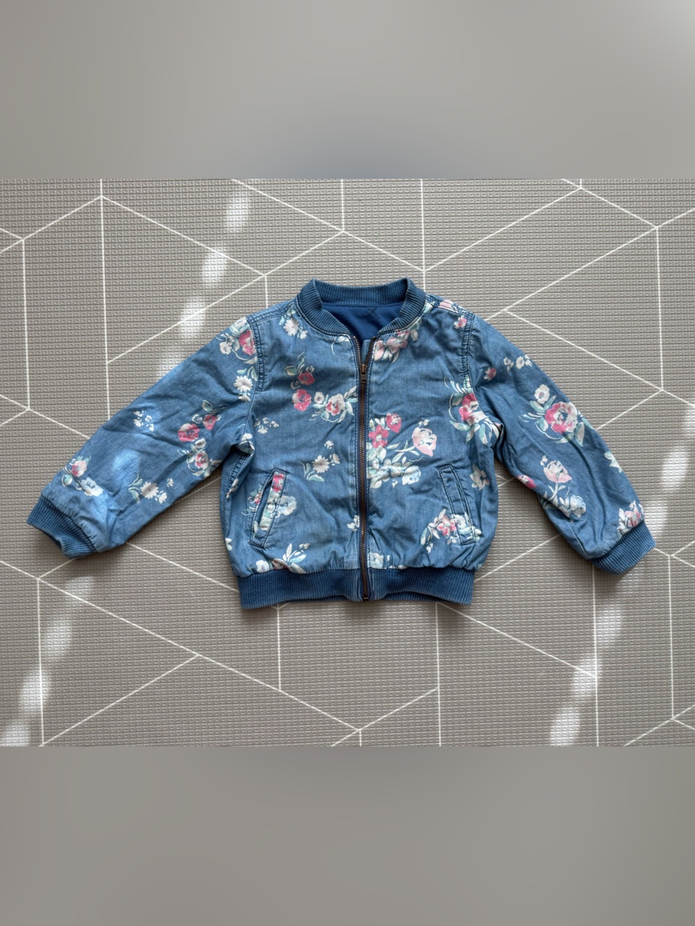 Baby girl denim style floral puffer quilt full zip jacket•••Size 2T,Boho fall